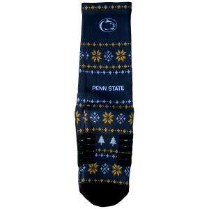 navy socks with holiday sweater motif, Penn State, and Athletic Logo